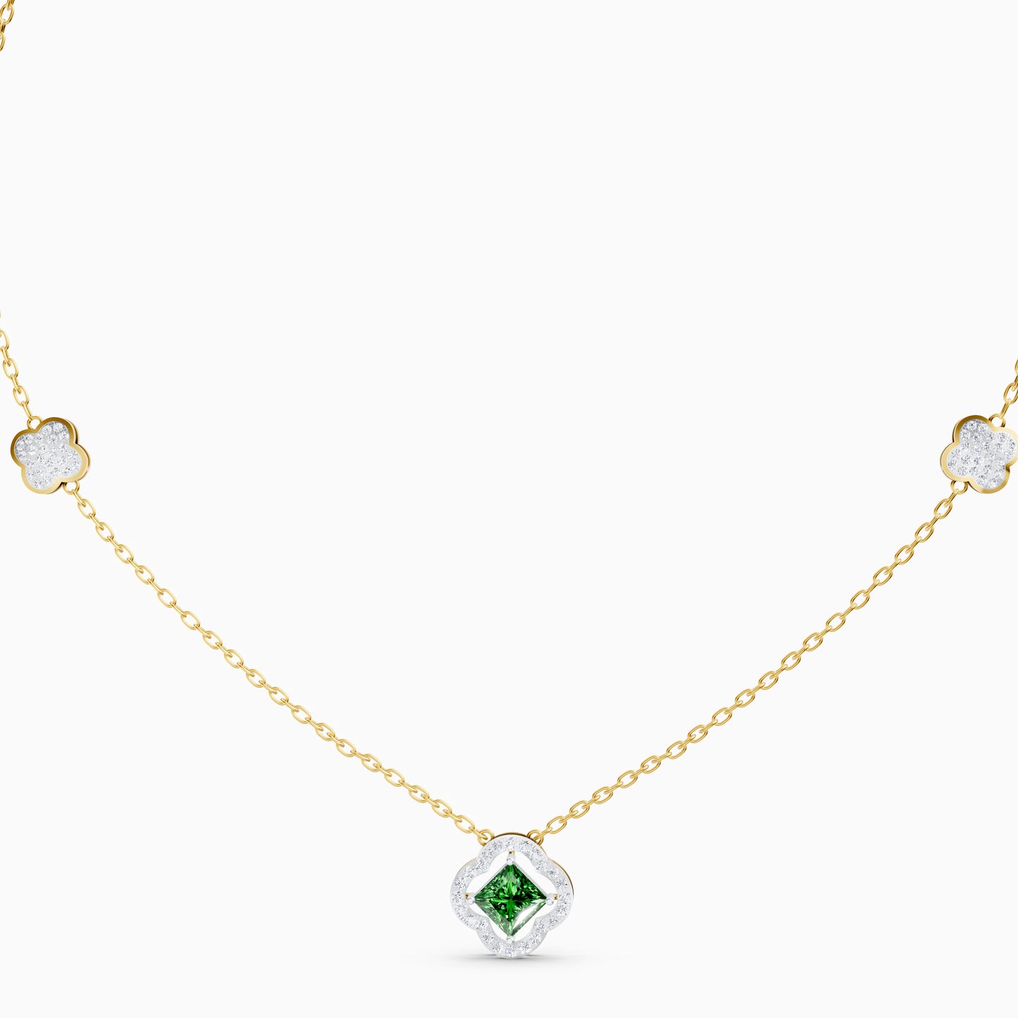 The Geometric Princess-Cut & Stacked Clover Station Necklace - 18KT
