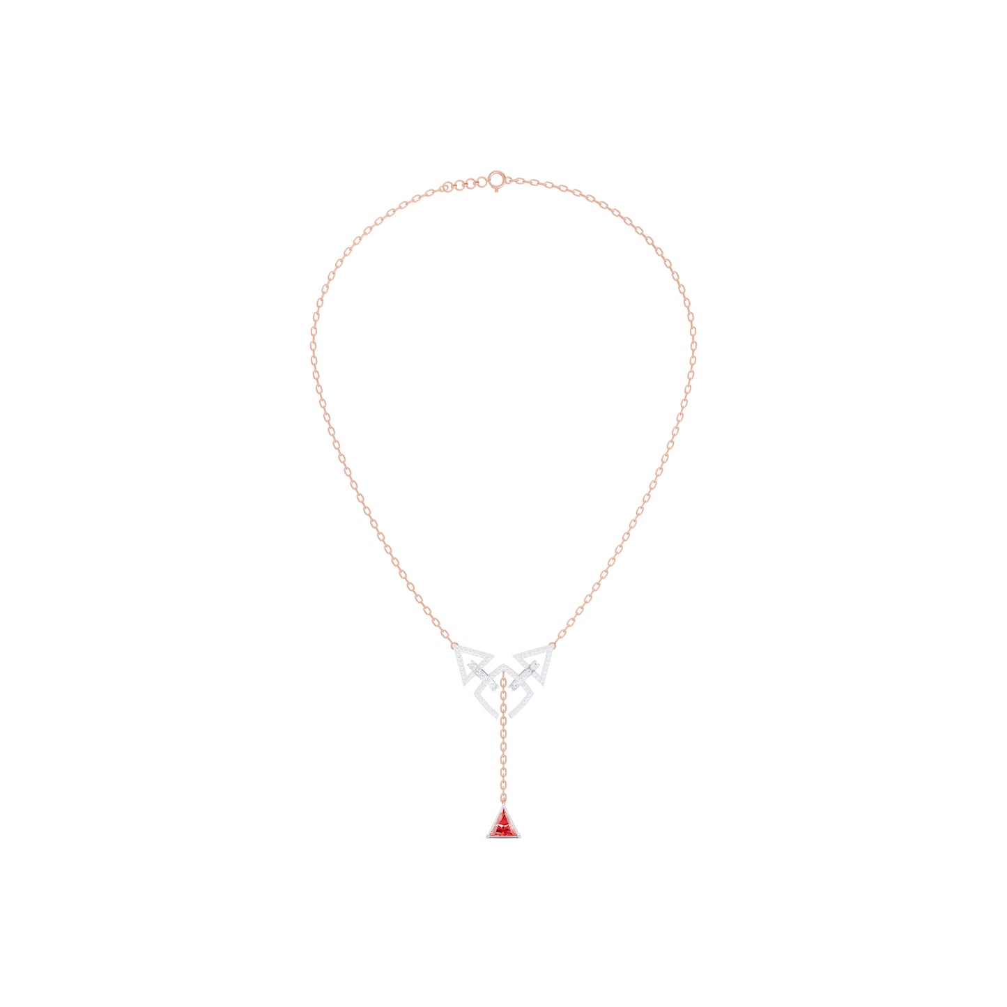 The Triangle-Cut Ruby-Tone Geometric Shield Pendant