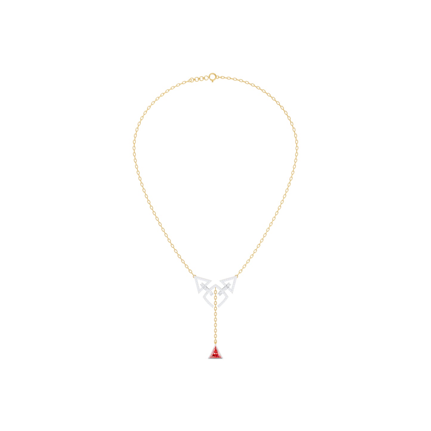 The Triangle-Cut Ruby-Tone Geometric Shield Pendant